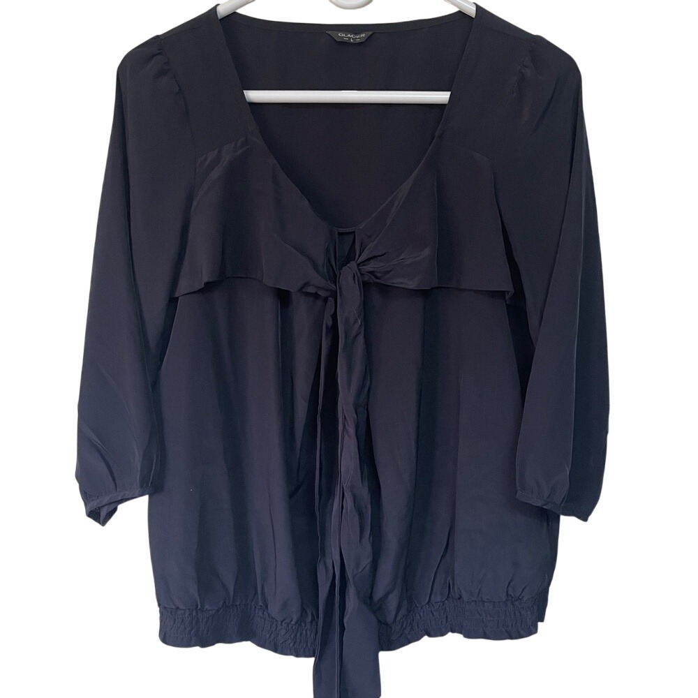 Glacier Navy Blue Tie Front Ruffle Blouse 3/4 Sleeve Smocked Hem Top Large